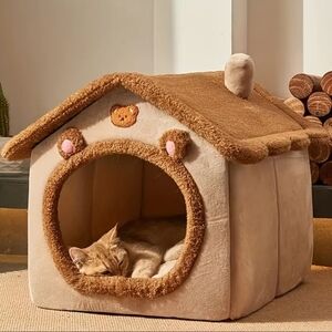 Plush Foldable Cat Condo Dog Bed Cat House Bear Design Condo‎ Brown Animal Bed